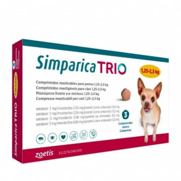 Сімпарика Тріо 1,25-2,5 кг від бліх, кліщів та глистів для собак Zoetis