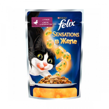 Влажный корм для котов и кошек Felix Sensations с уткой и шпинатом в желе пауч 85 г