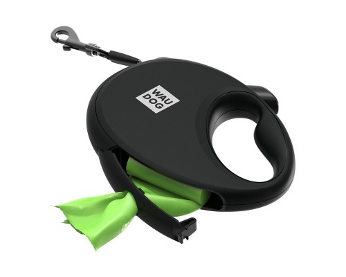 Повідець-рулетка для собак WAUDOG R-leash з контейнером для пакетів, світловідбивна стрічка, S, до 12 кг, 3 м, чорний/26271																