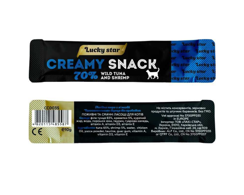 Ласощі для котів Creamy Snacks Tuna ніжне пюре тунець та креветка 10 г Lucky Star