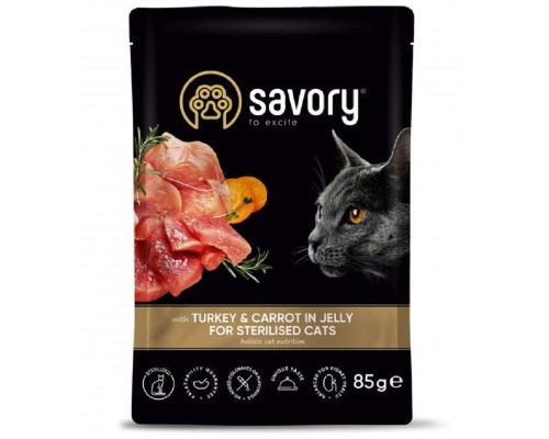 Корм для стерилизованных котов Sterilised Cat Pouch with Turkey & Carrot in Jelly индейка с морковью в желе 85 г Savory
