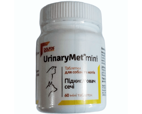 Таблетки для кошек и собак мелких пород UrinaryMet Mini для регулирования кислотности мочи №60 Dolfos