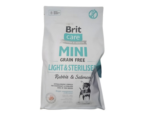 Сухой корм для собак Mini Grain Free Light and Sterilised Rabbit and Salmon с кроликом и лососем Brit Care 2 кг