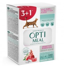 Корм для котов 3+1 Adult Cats Sensitive Digestion Lamb and Turkey с ягненком и филе индейки в соусе 340 г Optimeal