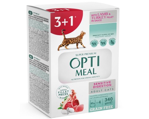 Корм для котів 3+1 Adult CatsSensitive Lamb &Turkey fillet in sauce ягня та філе індички в соусі 340 г Optimeal