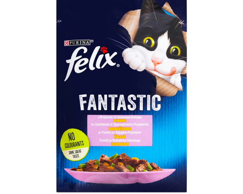 Вологий корм для котів та кішок  Felix Fantastic з фореллю та зеленими бобами в желе павуч 85 г