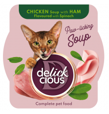 Корм для котов Chicken Soup with Ham Flavoured with Spinach суп из курицы с ветчиной и добавлением шпината 80 г Delickcious