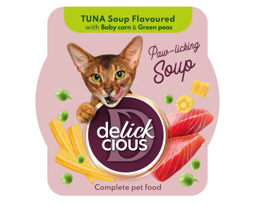 Корм для котов Tuna Soup Flavoured with Baby corn & Green peas суп из тунца с добавлением мини-кукурузы и зеленого горошка 80 г Delickcious