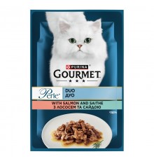 Корм для котов Gourmet Perle Duo лосось и сайда в подливе 85 г Purina