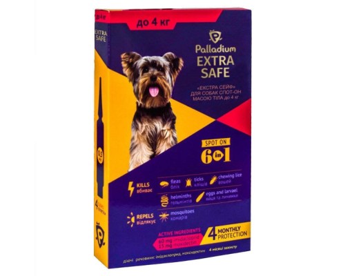 Капли на холку для собак до 4 кг Dog Extra Safe 6in1 от блох и глистов №1 Palladium