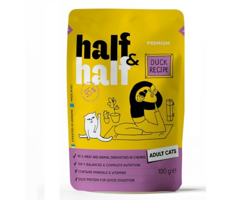 Вологий  корм для дорослих котів Half&Half шматочки з качкою у соусі  пауч 100г