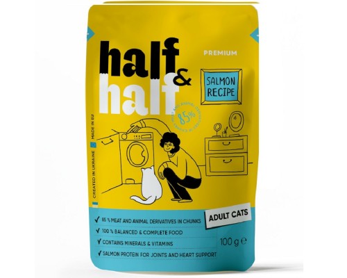 Вологий  корм для дорослих котів Half&Half шматочки з лососем у желе  пауч 100г
