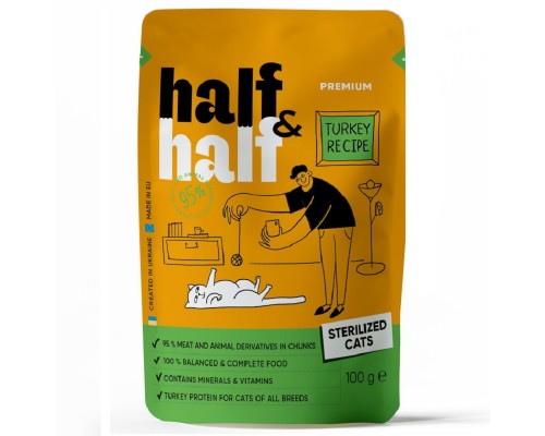 Корм вологий для стерилізованих котів Half&Half  шматочки з індичкою в желе у формі пауча 100г				