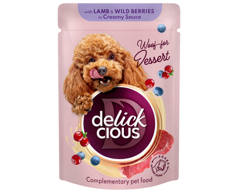 Корм для собак Lamb & Wild Berries in Creamy Sauce с ягнятиной и лесными ягодами в сливочном соусе 80 г Delickcious