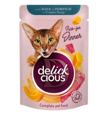 Корм для котов Duck & Pumpkin in Cream Soup полоски с уткой и тыквой в крем-супе 85 г Delickcious