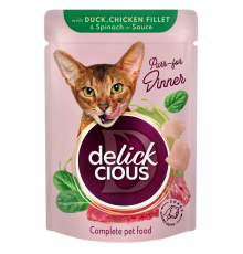 Корм для котов Duck Chicken Fillet & Spinach in Sauce с уткой куриным филе и шпинатом в соусе 85 г Delickcious