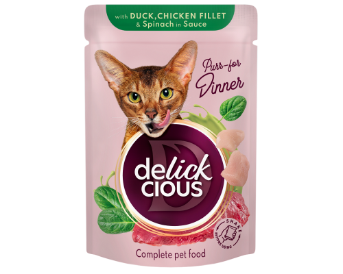 Корм д/кот Деликшес Delickcious пауч качка з куриним філе та шпинатом в соусі 85г
