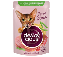 Корм д/кот Деликшес Delickcious пауч ягня,куряче філе та стручкова квасоля в желе 85г\12уп
