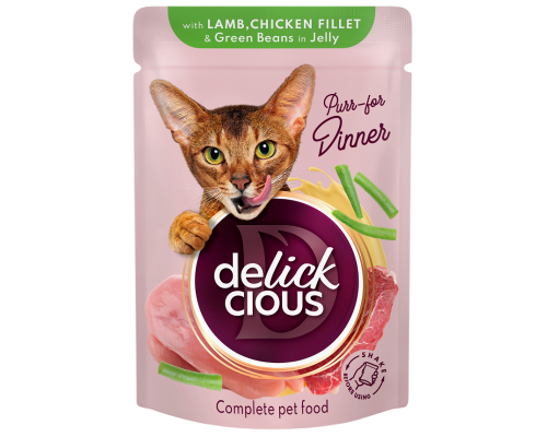 Корм д/кот Деликшес Delickcious пауч ягня,куряче філе та стручкова квасоля в желе 85г\12уп