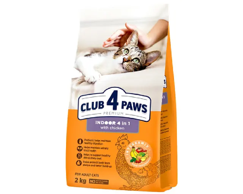 Сухой корм для взрослых котов Adult Cats Indoor 4 in 1 живущих в помещении 2 кг Клуб 4 лапы