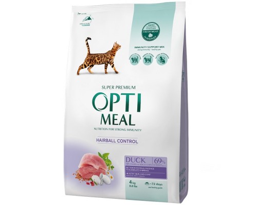OPTIMEAL сухий корм для котів з ефектом виведення шерсті  качка 4 кг