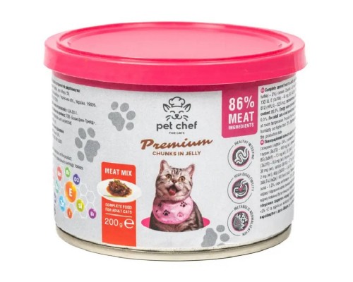 Корм для дорослих котів Pet Chef шматочкі в желе  м'ясний мікс 200 г Pet Chef