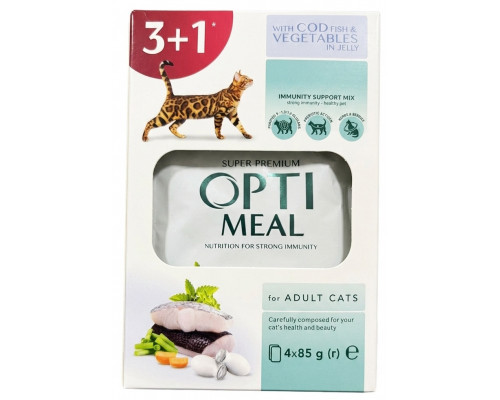 Корм для котов 3+1 Adult Cats Fish and Vegetable in jelly с треской и овощами в желе 340 г Optimeal