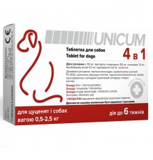 Таблетка д/соб Unicum 4 в 1 (від бліх, кліщів, гільмінтів, з пробіотіком) 0,5-2,5 кг/UN-109									