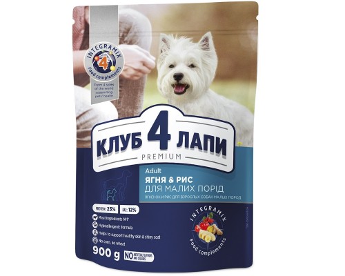 CLUB 4 PAWS Корм Клуб 4 Лапи ягня та рис сухий для дорослих собак малих порід 900 г С4Р Premium