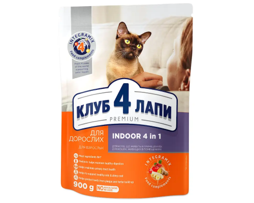 Корм для котів CLUB 4 PAWS Преміум, що живуть в приміщенні 4 в 1 повнораціонний сухий корм для дорослих котів 900 г