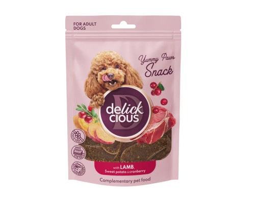 Ласощі для собак снеки сушені з ягням, бататом та журавлиною 80г Delickcious