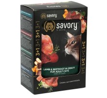 Корм для котів 3+1  Adult Cats with Lamb and Beetrot in Gravy м'ясо ягняти з буряком у соусі 85г Savory