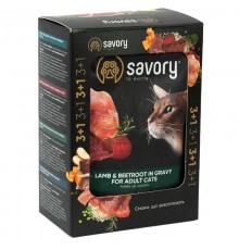 Корм для котов 3+1 Adult Cats with Lamb and Beetrot in Gravy кусочки ягненка со свеклой в соусе 4*85 г Savory