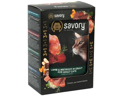Корм для котів 3+1  Adult Cats with Lamb and Beetrot in Gravy м'ясо ягняти з буряком у соусі 85г Savory