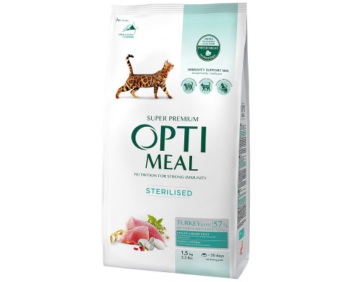 Сухой корм для стерилизованых котов Sterilised Turkey with oat с индейкой и овсом 1,5 кг Optimeal