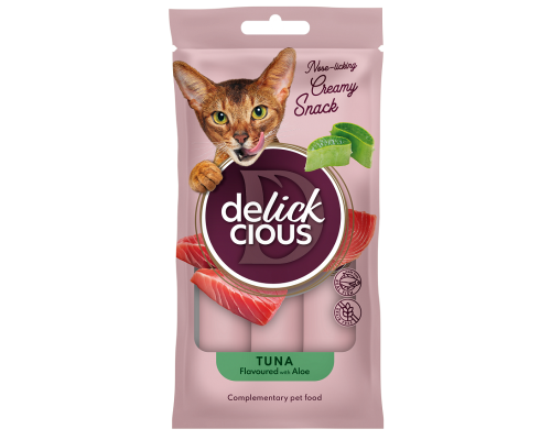 Ласощі для котів Tuna Flavoured with Aloe кремові ласощі тунець із додаванням алое 4 шт*15 г Delickcious Акция 1+1