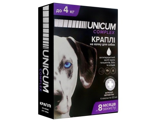 Капли на холку Unicum Сomplex от блох клещей и гельминтов для собак 0-4 кг №4 Unicum