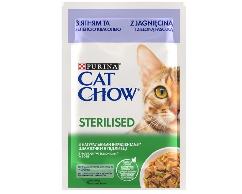 CAT CHOW Sterilized.Для стерилізованих котів. З ягням та зеленою квасолею в желе. Конс/кот 26х85г