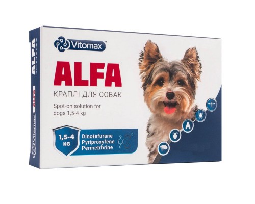 Капли на холку для собак 1,5-4 кг Alfa 0,8 мл  профилактика и лечение при поражении эктопаразитами №1 Vitomax