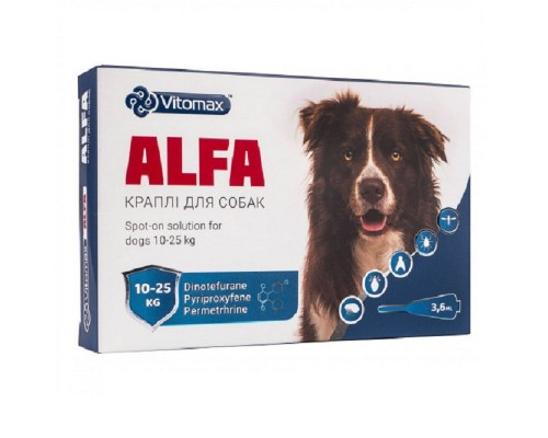Краплі протипаразитарні Альфа Alfa для собак 10 – 25 кг 3,6 мл*1 ампула Vitomax 