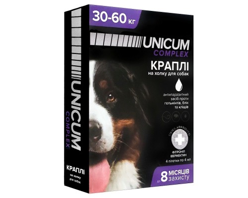 Капли от блох клещ гельм на хол Уникум комплекс Unicum complex для собак 30-60кг 4 амп/упак 