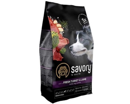 Сухой корм для собак средних пород Medium Breed rich in Fresh Turkey & Lamb со свежим мясом индейки и ягненка 3 кг Savory