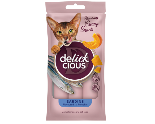 Ласощі для котів Sardine Flavoured with Pumpkin кремові ласощі сардина з додаванням гарбуза 4 шт*15 г Delickcious Акция 1+1