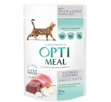 Корм для котов Hairball Control Duck and Liver для выведения шерсти с уткой и кусочками печени в яблочном желе 85 г Optimeal