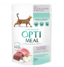 Корм для котов Hairball Control Duck and Liver для выведения шерсти с уткой и кусочками печени в яблочном желе 85 г Optimeal