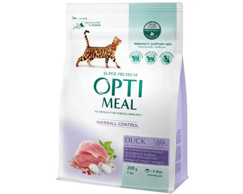 Сухой корм для котов c эффектом выведения шерсти Duck Hairball Control с уткой 200 г Optimeal