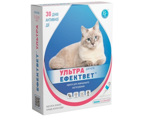 Капли на холку для котов Эффектвет Ультра 1 мл от блох вшей клещей и власоедов №5 Ветсинтез