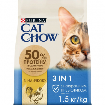 Сухой корм для взрослых кошек Purina Cat Chow Feline 3-in-1 с формулой тройного действия с индейкой 1,5 кг