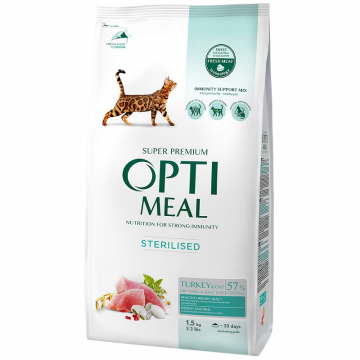 Сухой корм для стерилизованых котов Sterilised Turkey with oat с индейкой и овсом 1,5 кг Optimeal