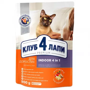 Корм для котів CLUB 4 PAWS Преміум, що живуть в приміщенні 4 в 1 повнораціонний сухий корм для дорослих котів 900 г